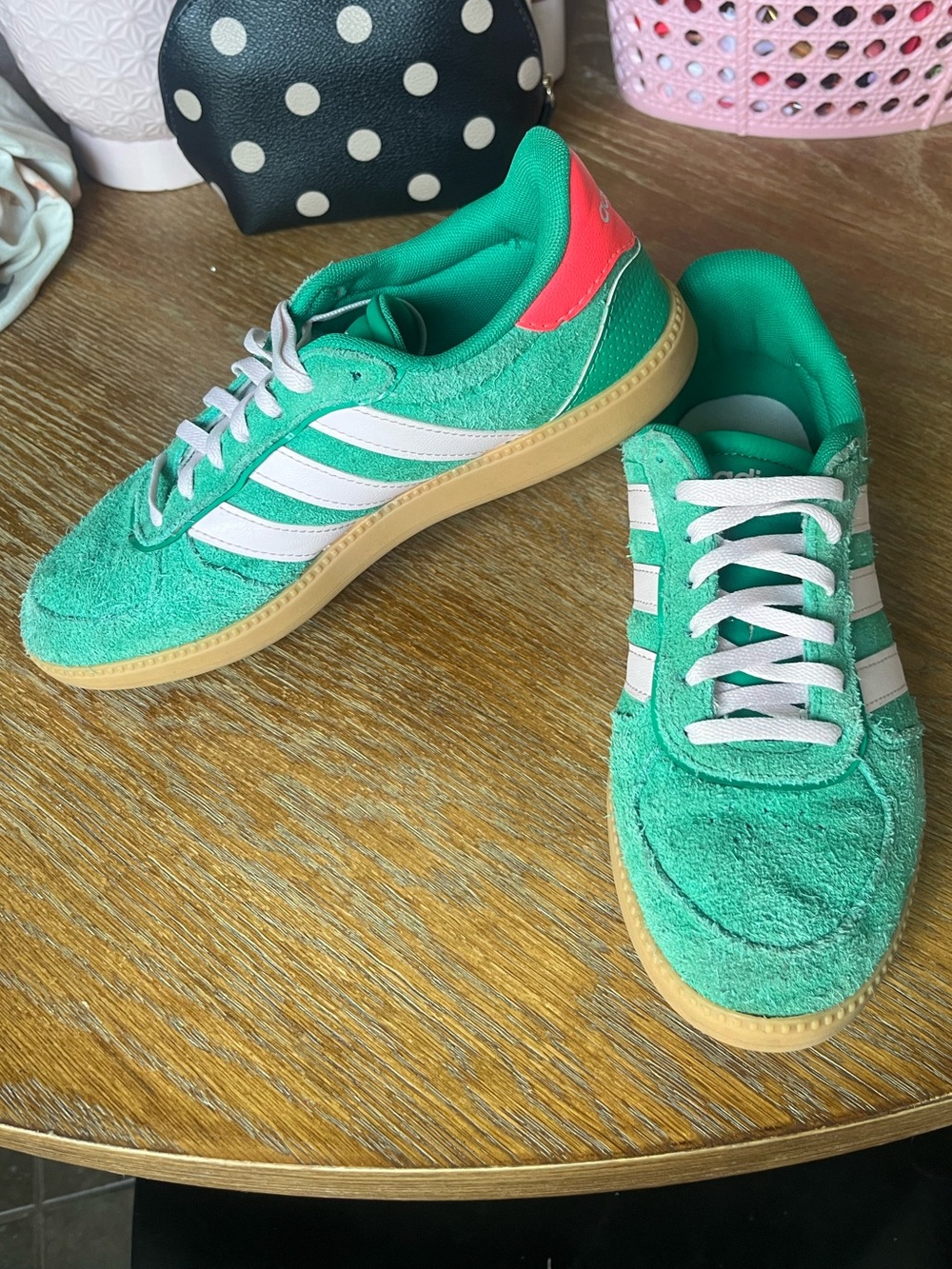 adidas Green Suede Low-Top Sneakers with light pin Stripes and Pink Heel Accent